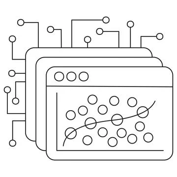 Icon of a data analysis window with a scatter plot and trend curve 库存插图