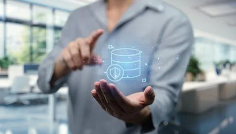 Icon of a data storage symbol featuring stacked server disks, representing .. Stock Photos