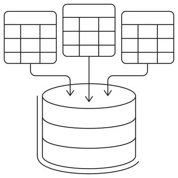 Icon of a database system with multiple tables merging into a central storage Stock Illustration