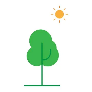 Icon of deciduous tree. Green tree and orange sun. Stock Illustration