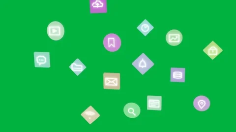 Icon entering left adding pastel icons forming cluster, rotating, drifting on Stock Footage 334726996