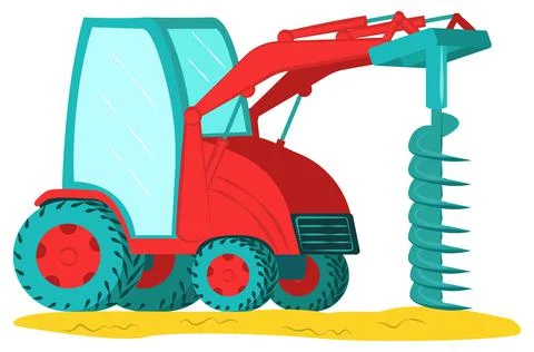 Icon excavator with drill, professional construction vehicle equipment, land 스톡 일러스트