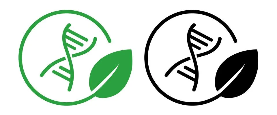 Icon featuring a DNA helix structure within a circular frame green leaf Stock Illustration