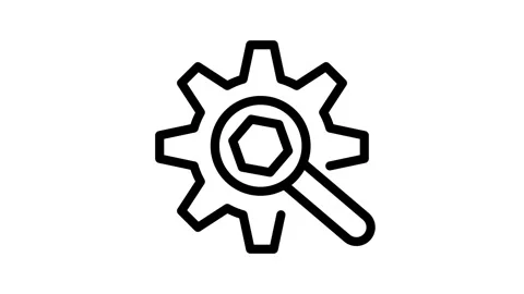 An icon featuring a magnifying glass and a gearwheel, representing analysis.. Stock Footage 334918874