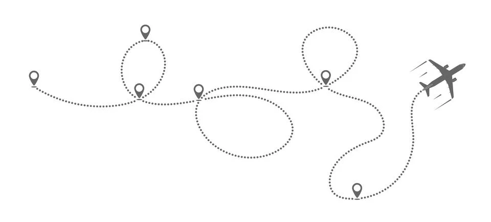 Icon of the flight path of the airliner is a dotted line. The route of the ai Stock Illustration