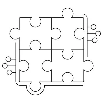 Icon of four interlocking puzzle pieces connected with circuit lines Stock Illustration