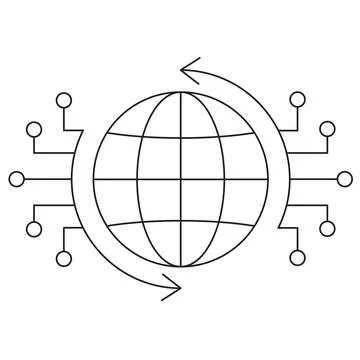 Icon of a globe with electronic circuit elements and curved arrows 스톡 일러스트
