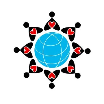 Icon of the globe. Globe in the ring of people with hearts. Symbol of peace. Stock Illustration