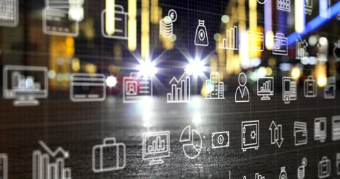 Icon grid floating over wet street, light pulsing and starting finance icons Vidéo 332296639