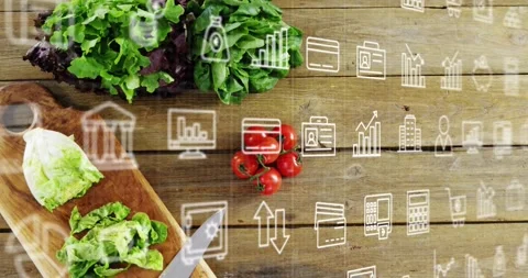 Icon grid sliding on cue, revealing cut board, knife, chopped lettuce, Stock Footage 333833533