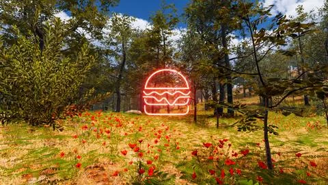 Icon of a hamburger with a natural environment in the background 3d render Stock Illustration