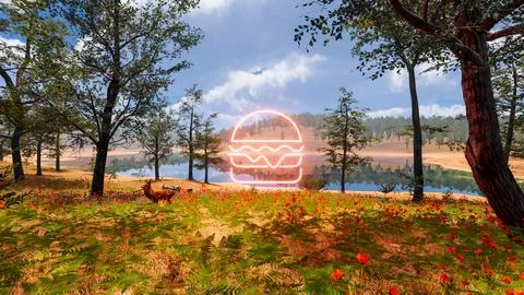 Icon of a hamburger with a natural environment in the background 3d render Stock Illustration