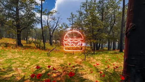 Icon of a hamburger with a natural environment in the background 3d render Stock Illustration