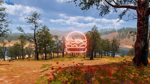Icon of a hamburger with a natural environment in the background 3d render Stock Illustration