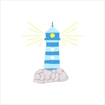 Icon of hand draw blue ighthouse with stones and rays. Isolated vector illust Illustrazione stock
