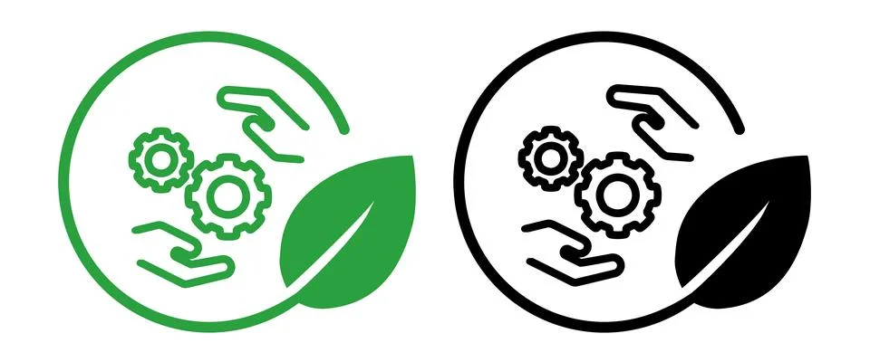 Icon hands holding gears within a circular frame paired with green leaf Stock Illustration