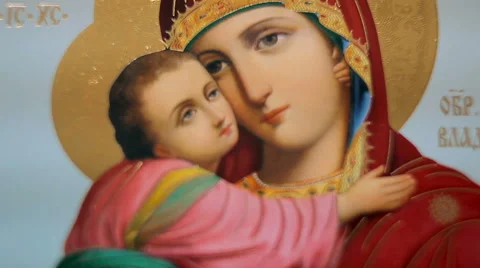The icon of the image of the virgin. Closeup Stock Footage 61216855