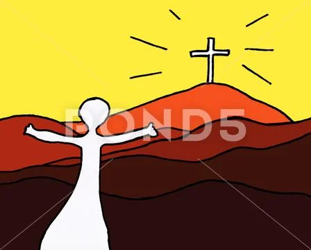 Icon of Jezus Christ with open arms before holy cross on beautiful mountains Stock Illustration
