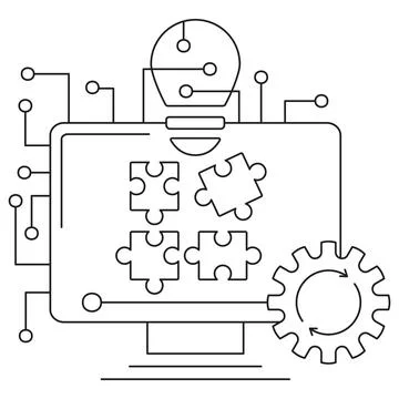 Icon of logical models in AI showing a computer screen with puzzle pieces Stock Illustration
