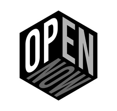 Icon logo and text of OPEN NOW in a 3D box, isolated on black background. 스톡 일러스트