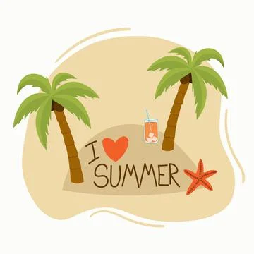 Icon, logo or sticker with the inscription: I love summer. Palm trees, starfi Stock Illustration