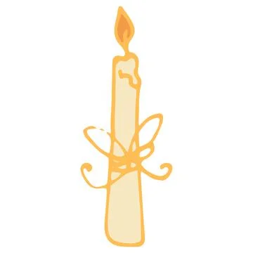 The icon of a long thin burning candle with a yellow bow. Vintage hand-drawn Stock Illustration