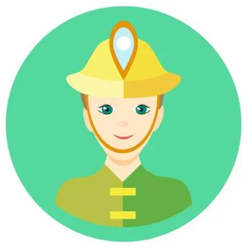 Icon man firefighter in a flat style. Vector image on a round colored backgro Stock Illustration