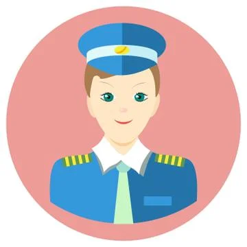 Icon man pilot in a flat style. Vector image on a round colored background. E Stock Illustration