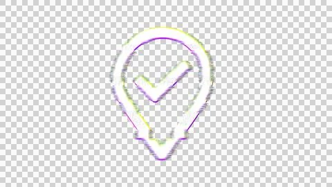 Icon map marker check is distorted. Glitch. Noise, chromatic aberration, Illustrazione stock