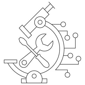 Icon of a microscope, tools, and digital circuit elements 스톡 일러스트
