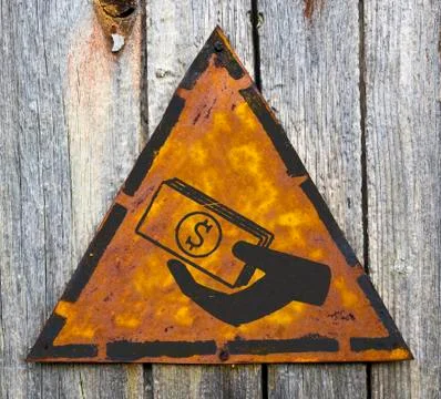 Icon of Money in the Hand on Rusty Warning Sign. Stock Illustration