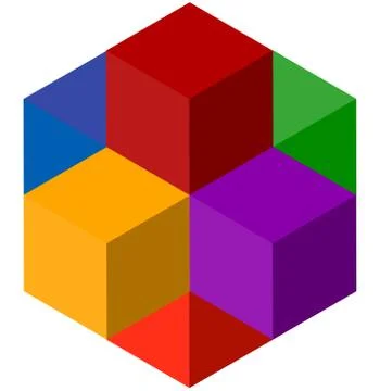 Icon of multicolor isometric cubes. Cube stack logo. 스톡 일러스트