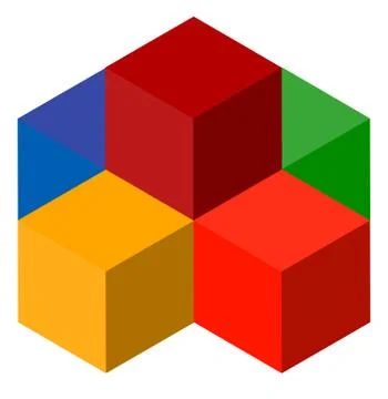 Icon of multicolor isometric cubes. Cube stack logo. 스톡 일러스트