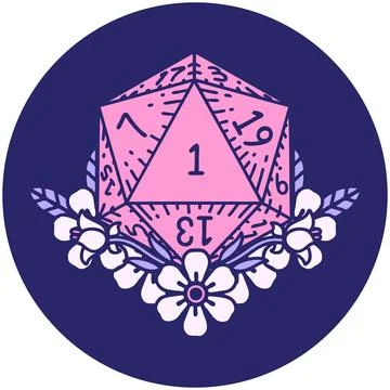 Icon of natural one dice roll with floral elements in bright neon color 库存插图