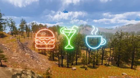 Icon with neon effect representing food and drink with a natural environmen.. 库存插图