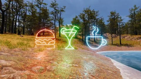 Icon with neon effect representing food and drink with a natural environmen.. Stock Illustration