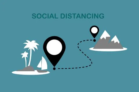 Icon New normal social distancing. Airplane flying to beach and mountain. Stock Illustration