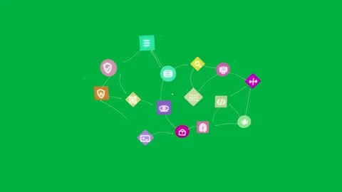 Icon nodes starting with orange shield, moving inward, linking into network on Stock Footage 334727083