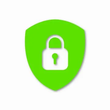 Icon or symbol of a shield with a closed padlock. Sign lock on a white backgr Illustrazione stock