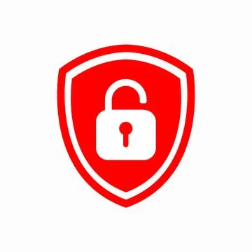 Icon or symbol of a shield with a opened red padlock. Sign unlock on a whit.. Illustrazione stock