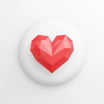 Icon is a red low-poly heart, white round button. 3D rendering. Stock Illustration