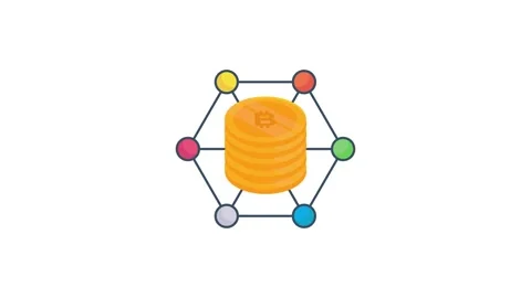 Icon representing the Bitcoin network, featuring interconnected nodes and t.. 库存影片 332199445