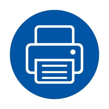 Icon representing a printer with a paper output in a blue circular background 스톡 일러스트