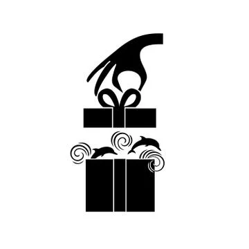 Icon sea as a gift. Hand opens a gift box with dolphins jumping out of it. Icon Stock Illustration