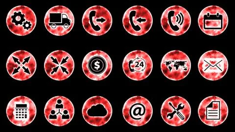 Icon Set 1 - Red Color Black Background - 4K Resolution Stock Illustration