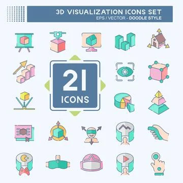 Icon Set 3D Visualization. related to 3D Visualization symbol. doodle style.. Stock Illustration