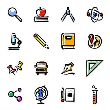 Icon Set of Academy. Flat color icons vector. Contains such of geography, Stock Illustration