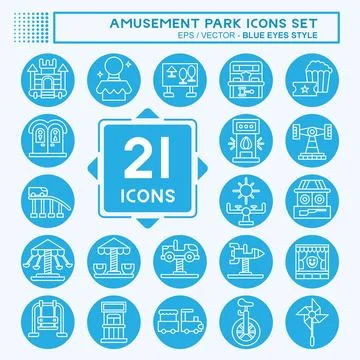 Icon Set Amusement Park. related to Circus symbol. blue eyes style. simple .. Illustrazione stock