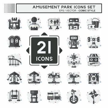 Icon Set Amusement Park. related to Circus symbol. comic style. simple desi.. Illustrazione stock