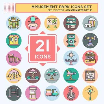 Icon Set Amusement Park. related to Circus symbol. color mate style. simple.. Illustrazione stock